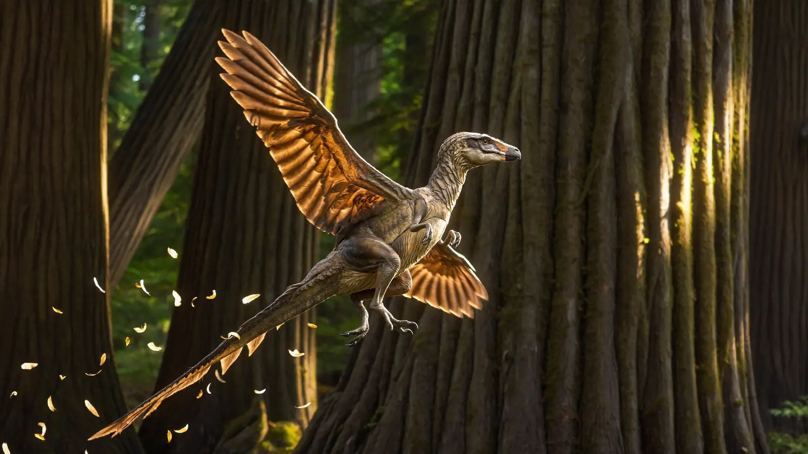 Un dinosaurio emplumado planea entre troncos enormes en un haz de luz del bosque, con las alas abiertas y la cola larga extendida.