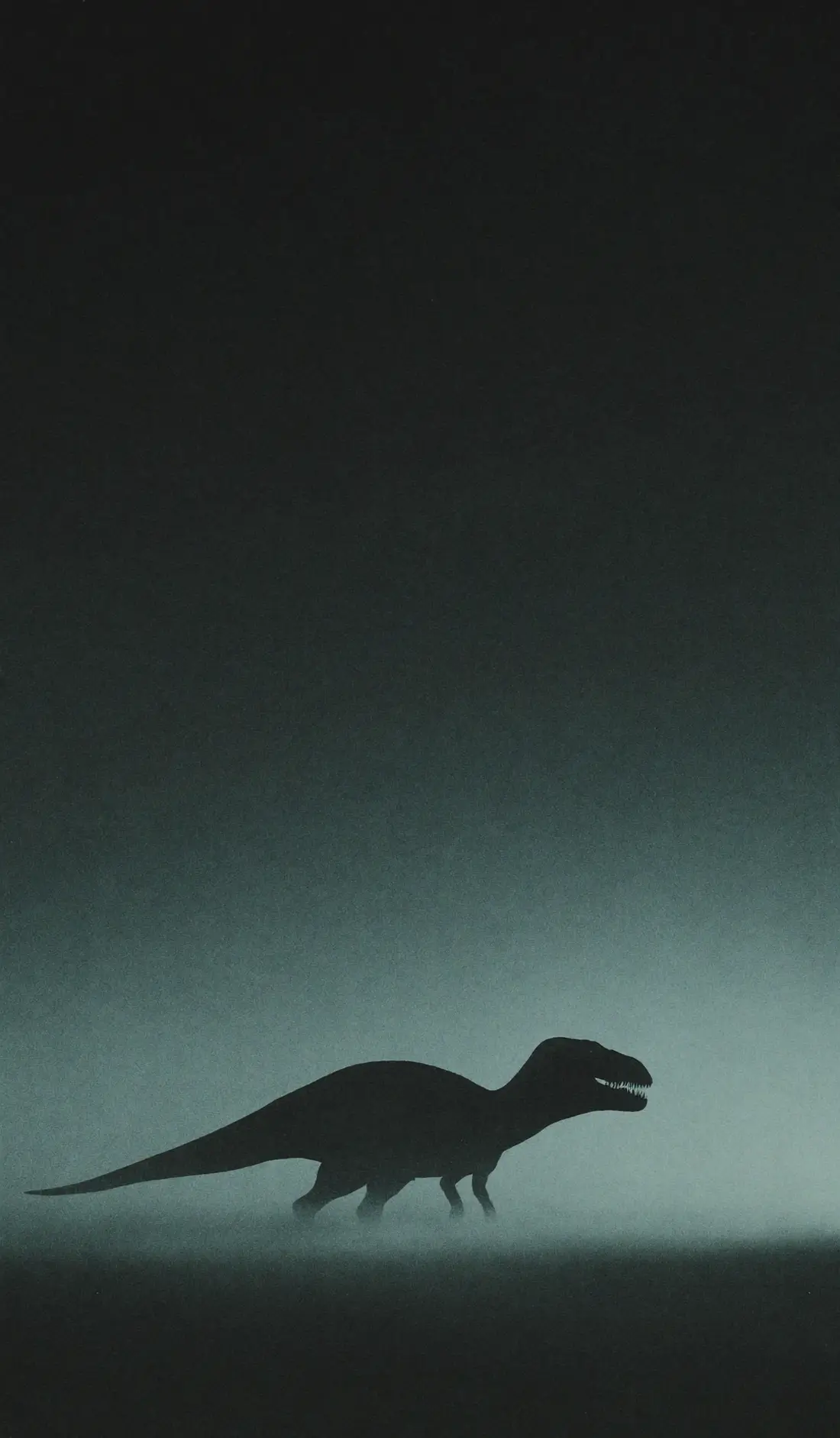 Silueta de un tiranosaurio caminando en la niebla bajo un cielo oscuro y vacío.