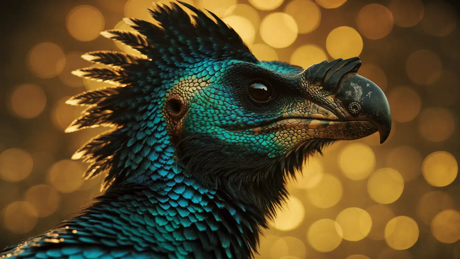 Retrato de perfil de la cabeza de un raptor emplumado sobre un fondo dorado desenfocado, con la piel azulada y la cresta oscura.