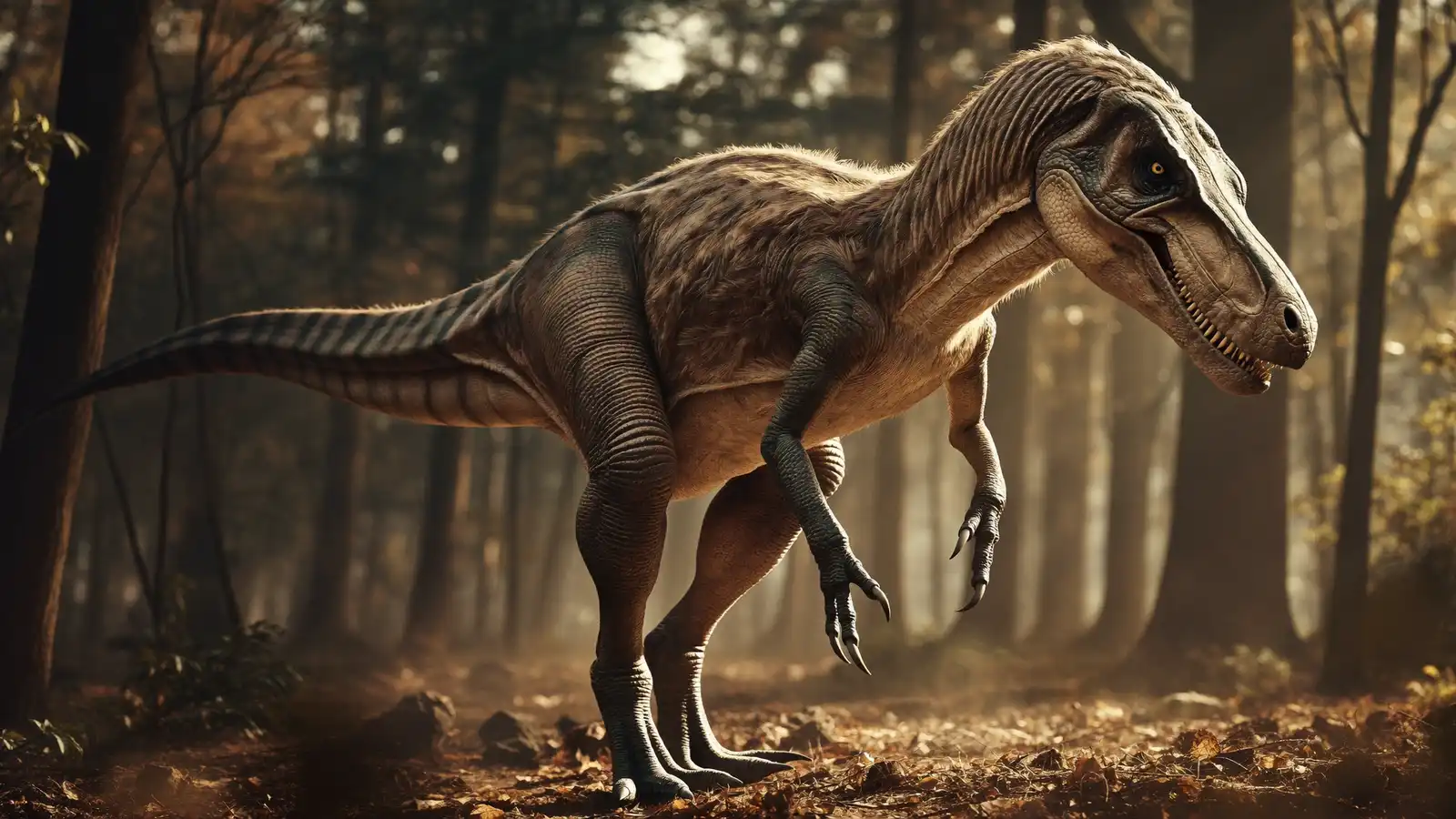 Dinosaurio emplumado de pie en un bosque con luz dorada, con el hocico dentado, las garras curvas y la cola rígida extendida.